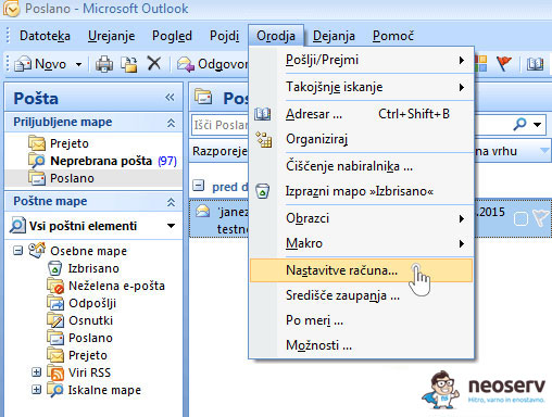 Dodajanje e-računa - Outlook 2007 (SLO), POP3, brez SSL