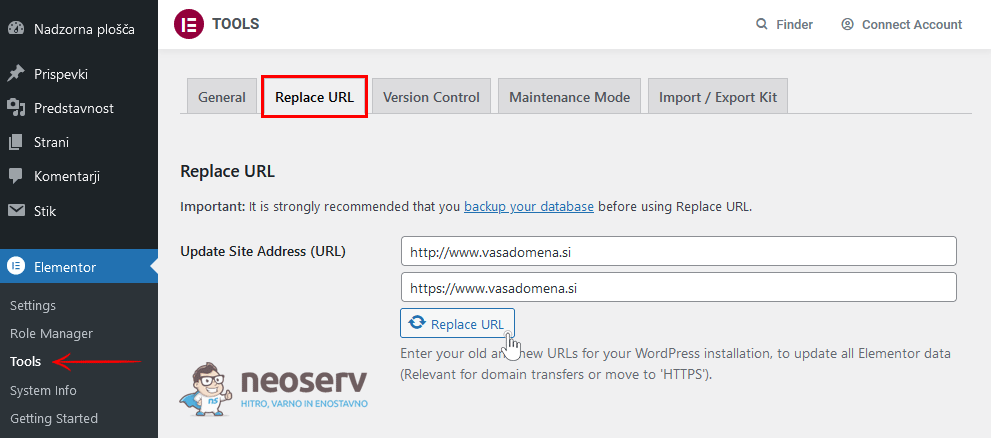 Elementor - Tools - Replace URL - Update Site Address (URL)