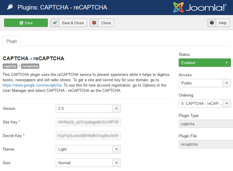 Joomla - CAPTCHA - ReCaptcha