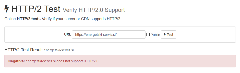 Strežnik brez HTTP/2 podpore