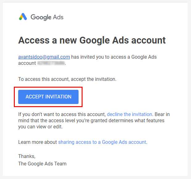 Google Ads povabilo