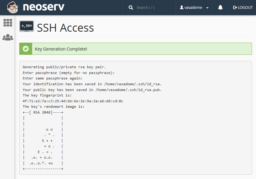 Obvestilo o zaključenem kreiranju SSH ključa