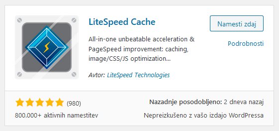 WordPress vtičnik LiteSpeed Cache