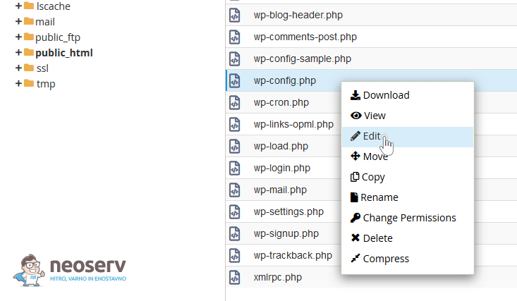 File Manager - Urejanje wp-config.php