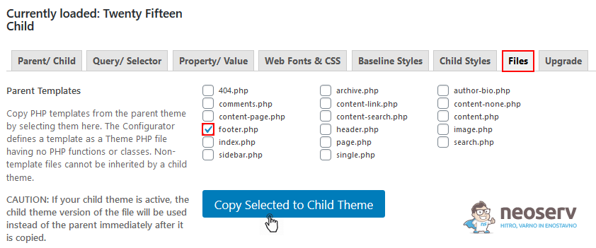 Child Theme Configurator - kopiranje datoteke v child temo