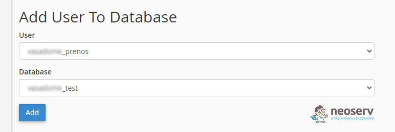 cPanel - dodajanje uporabnika v bazo podatkov