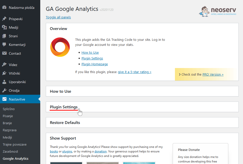 GA Google Analytics - nastavitve vtičnika