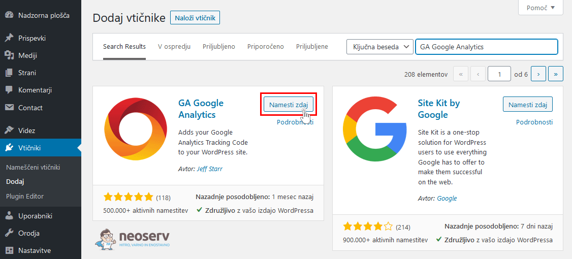 WordPress vtičnik - GA Google Analytics