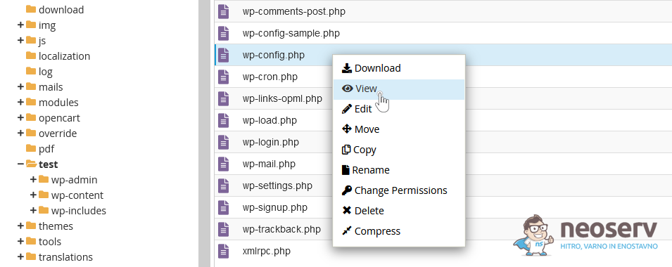 cPanel - File Manager - ogled datoteke wp-config.php