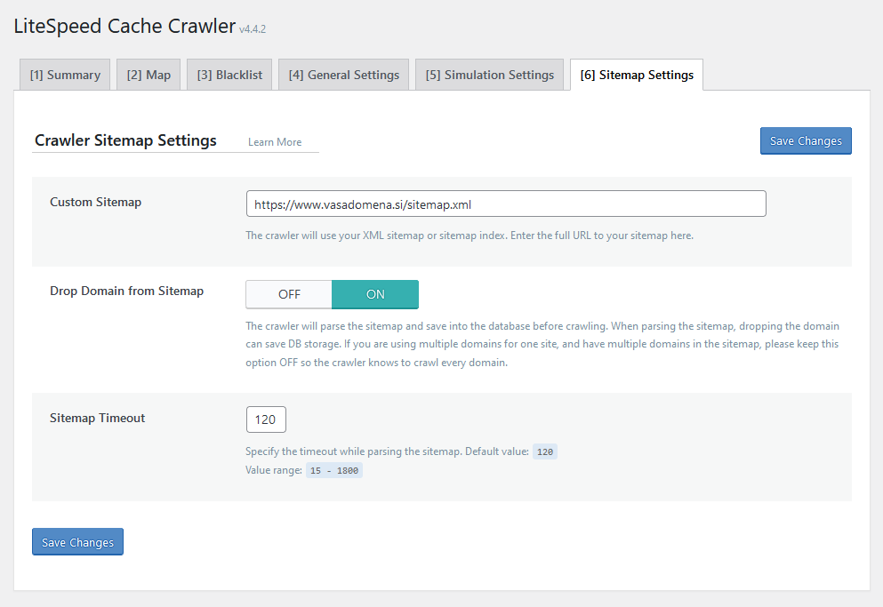 WordPress - LiteSpeed Cache - Crawler - Sitemap Settings