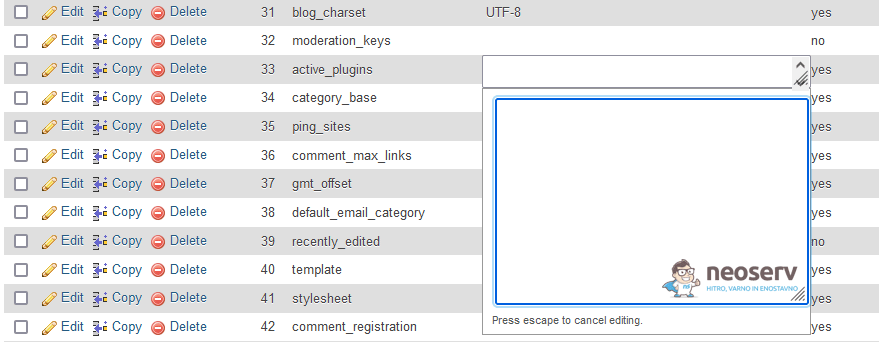 phpMyAdmin - wp_options - active_plugins - izbris vrednosti