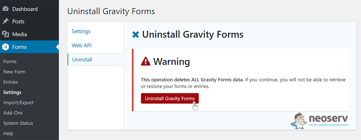 Odstranitev vtičnika Gravity Forms