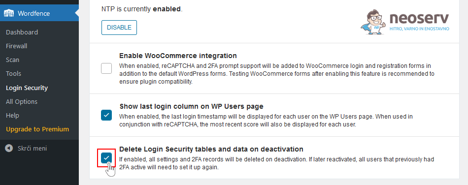 Wordfence Security - nastavitev za popolno odstranitev vtičnika (2)
