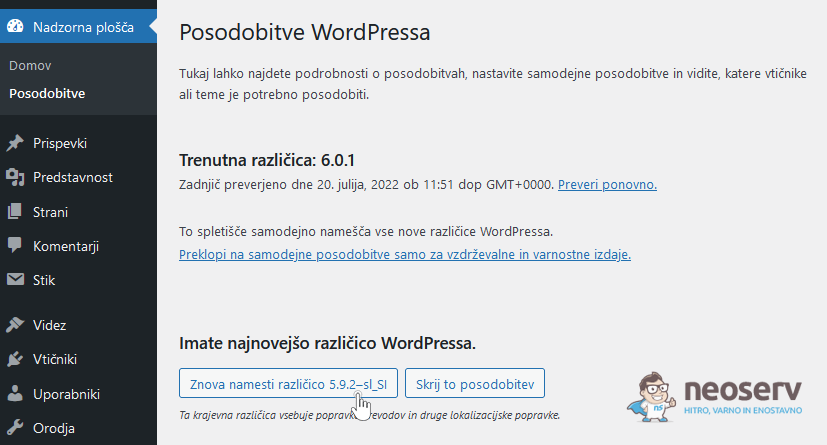 WP Downgrade - namestitev starejše različice WordPress jedra