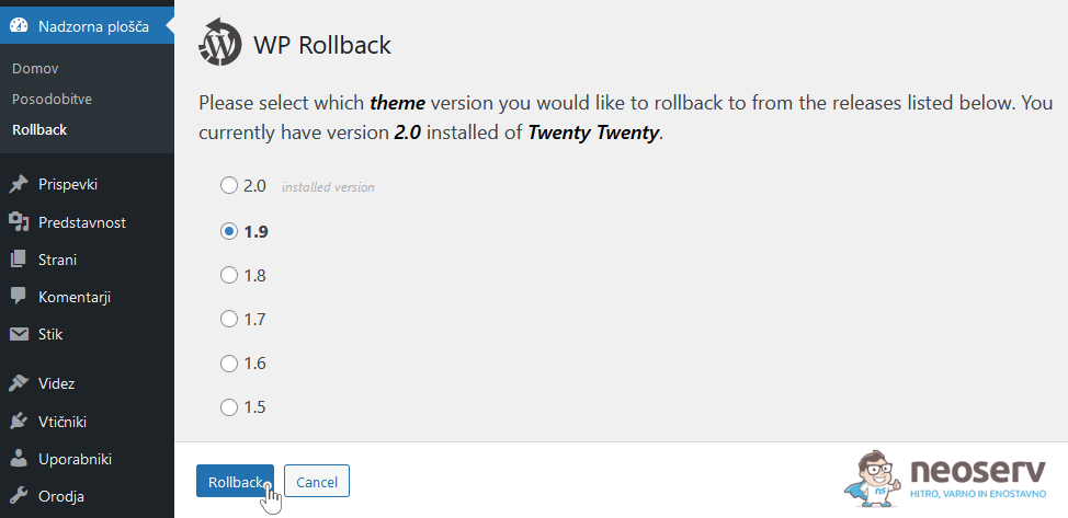 WP Rollback - izbira verzije grafične predloge