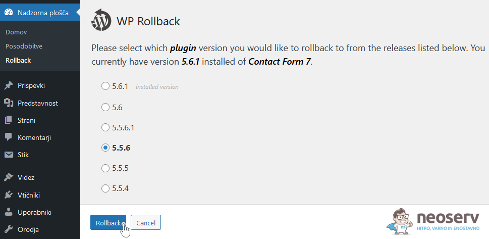 WP Rollback - izbira verzije vtičnika