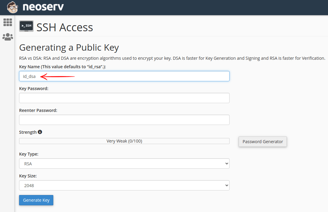 cPanel - kreiranje javnega SSH ključa id_dsa