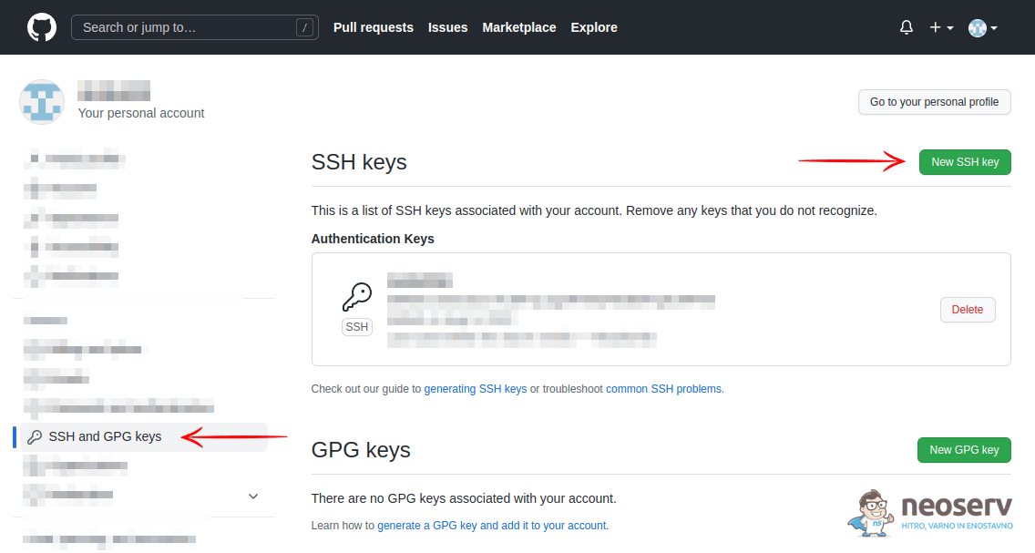 GitHub - SSH and GPG keys - dodajanje SSH ključa