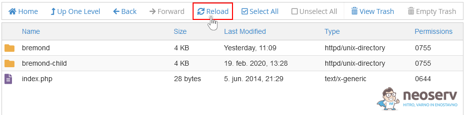 cPanel - File Manager - Reload