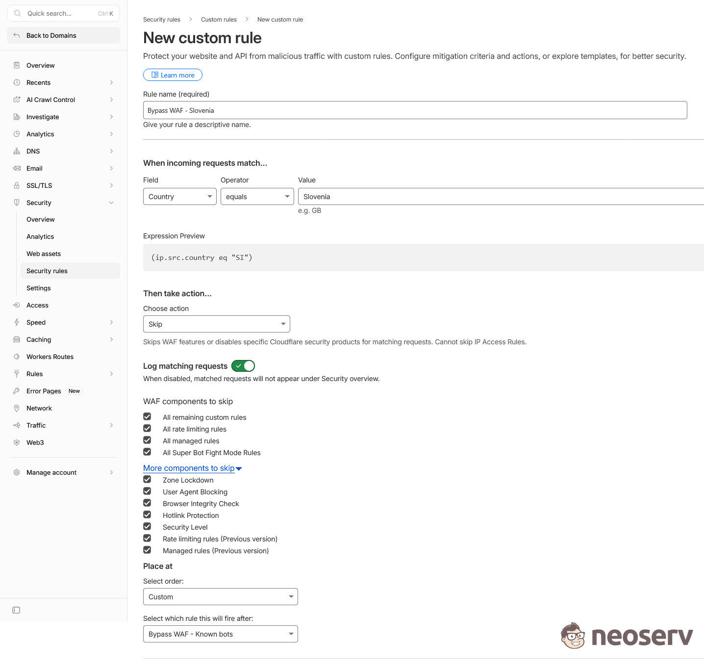 Cloudflare - Security rules - izjema za države Cloudflare - Security rules - izjema za države