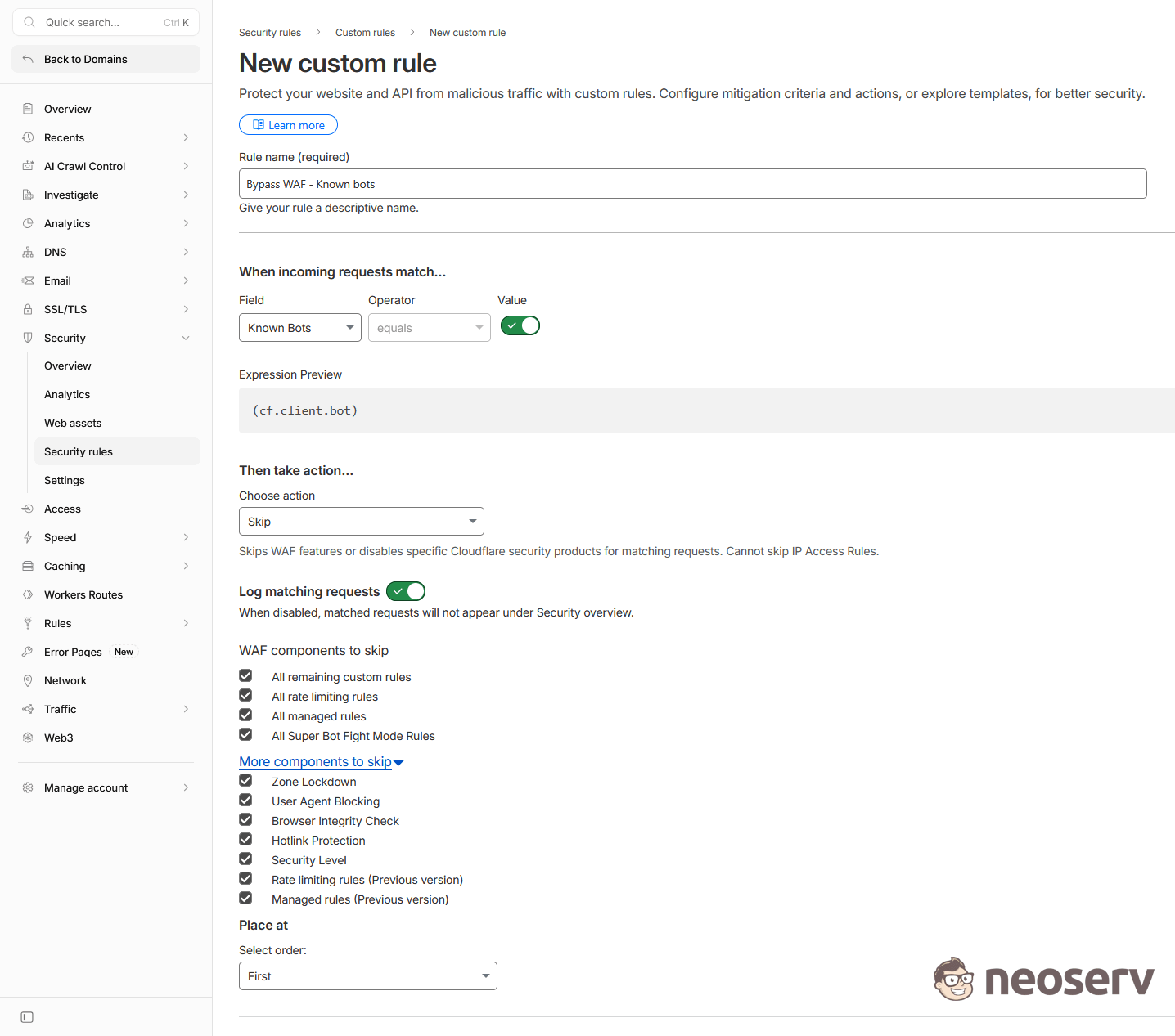 Cloudflare - Security rules - izjema za preverjene bote Cloudflare - Security rules - izjema za preverjene bote
