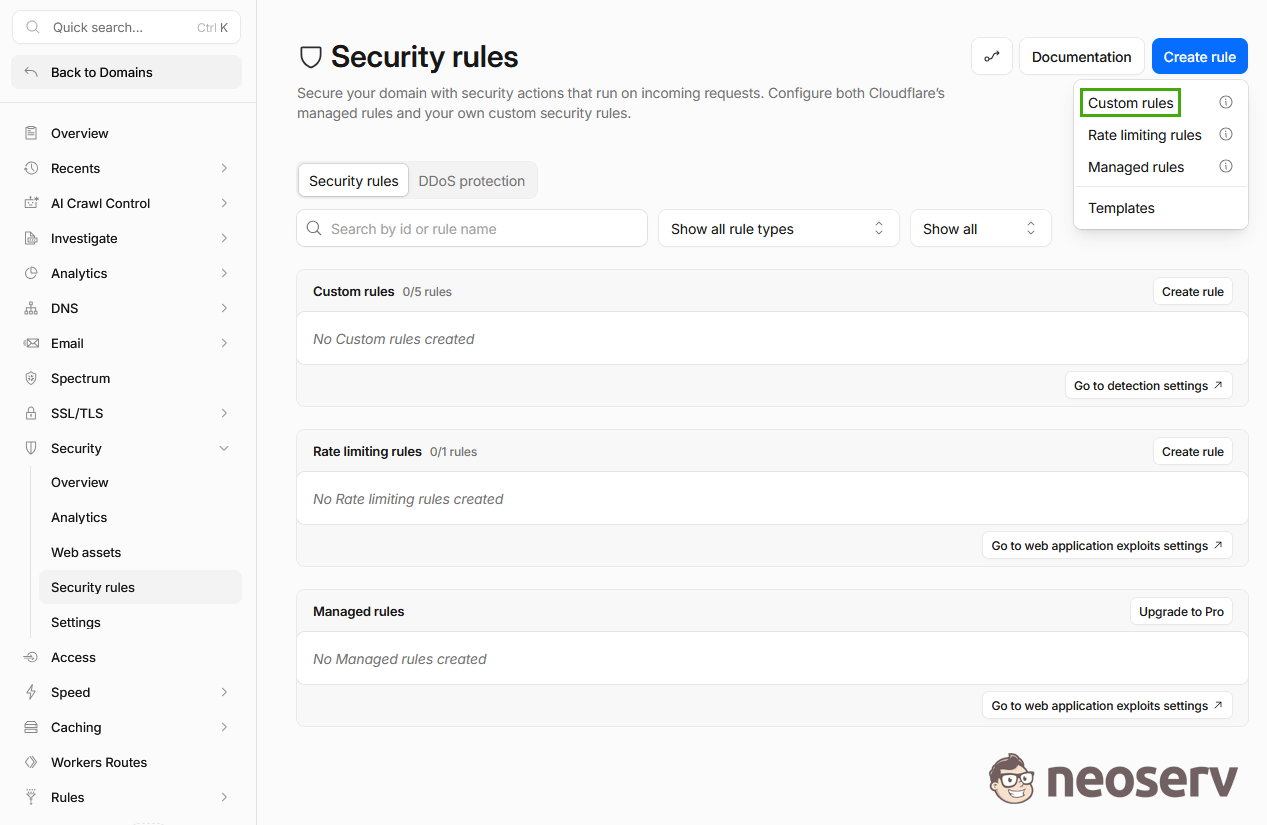 Cloudflare - Security rules - ustvarjanje novega pravila Cloudflare - Security rules - ustvarjanje novega pravila